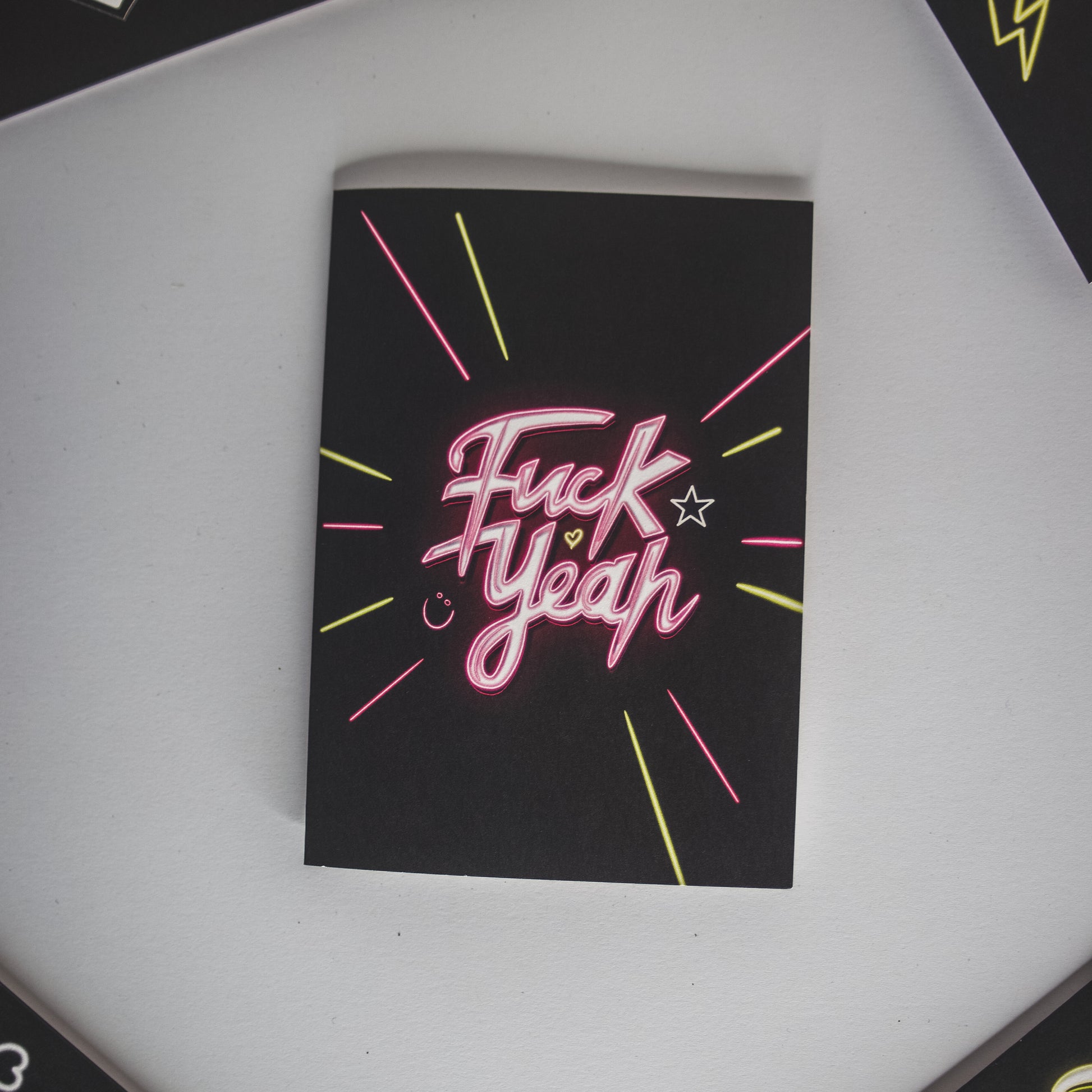 Greetings Card with Pink Neon Fuck Yeah Writing by Wayward