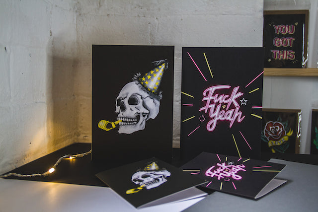 Large A5 - Party Hat Skull Gothic Birthday Card