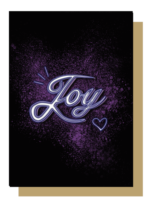 Purple Joy neon writing in purple splatter on black background christmas card by wayward