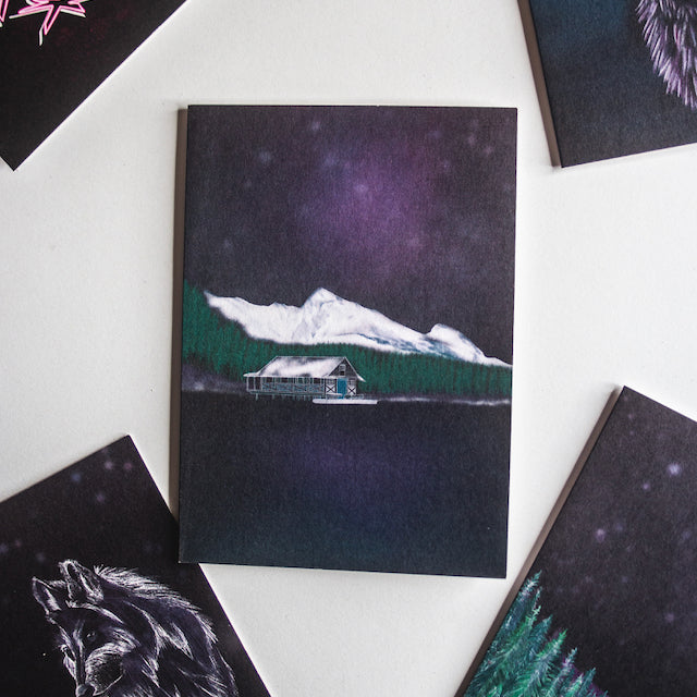 Winter lake mountain scene at night christmas card by wayward