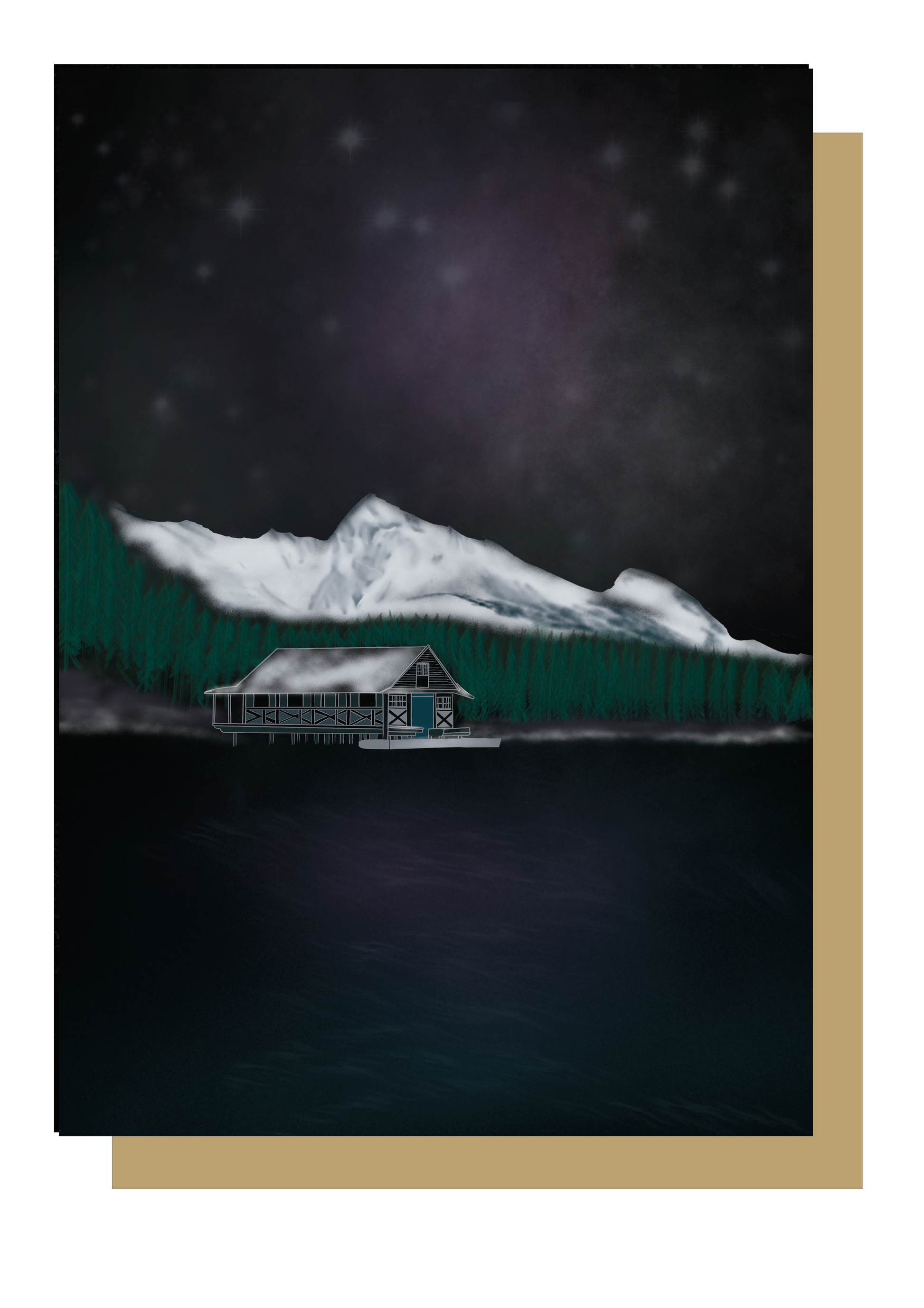 Winter lake mountain scene at night christmas card by wayward