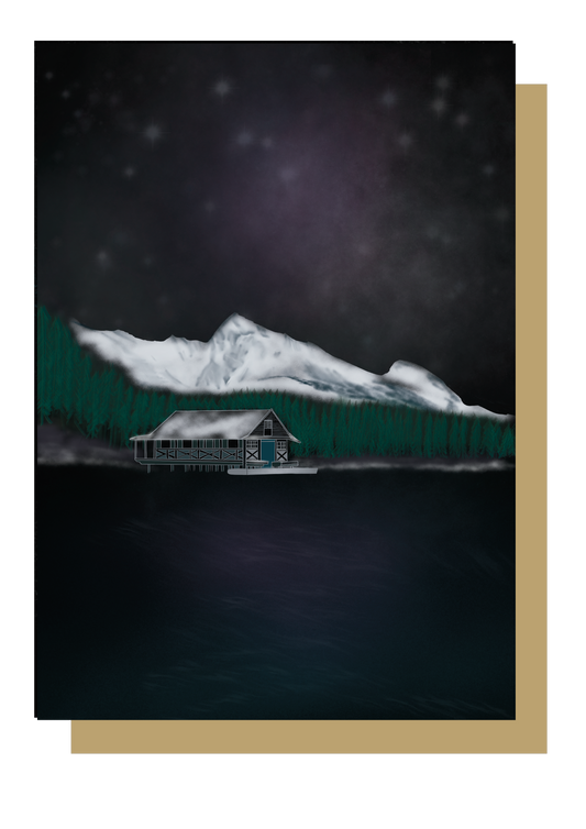 Winter lake mountain scene at night christmas card by wayward
