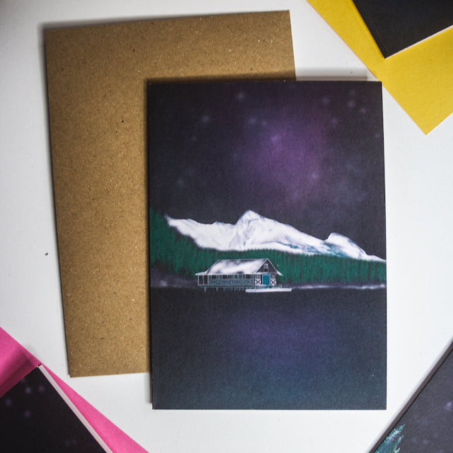 Winter lake mountain scene at night christmas card by wayward