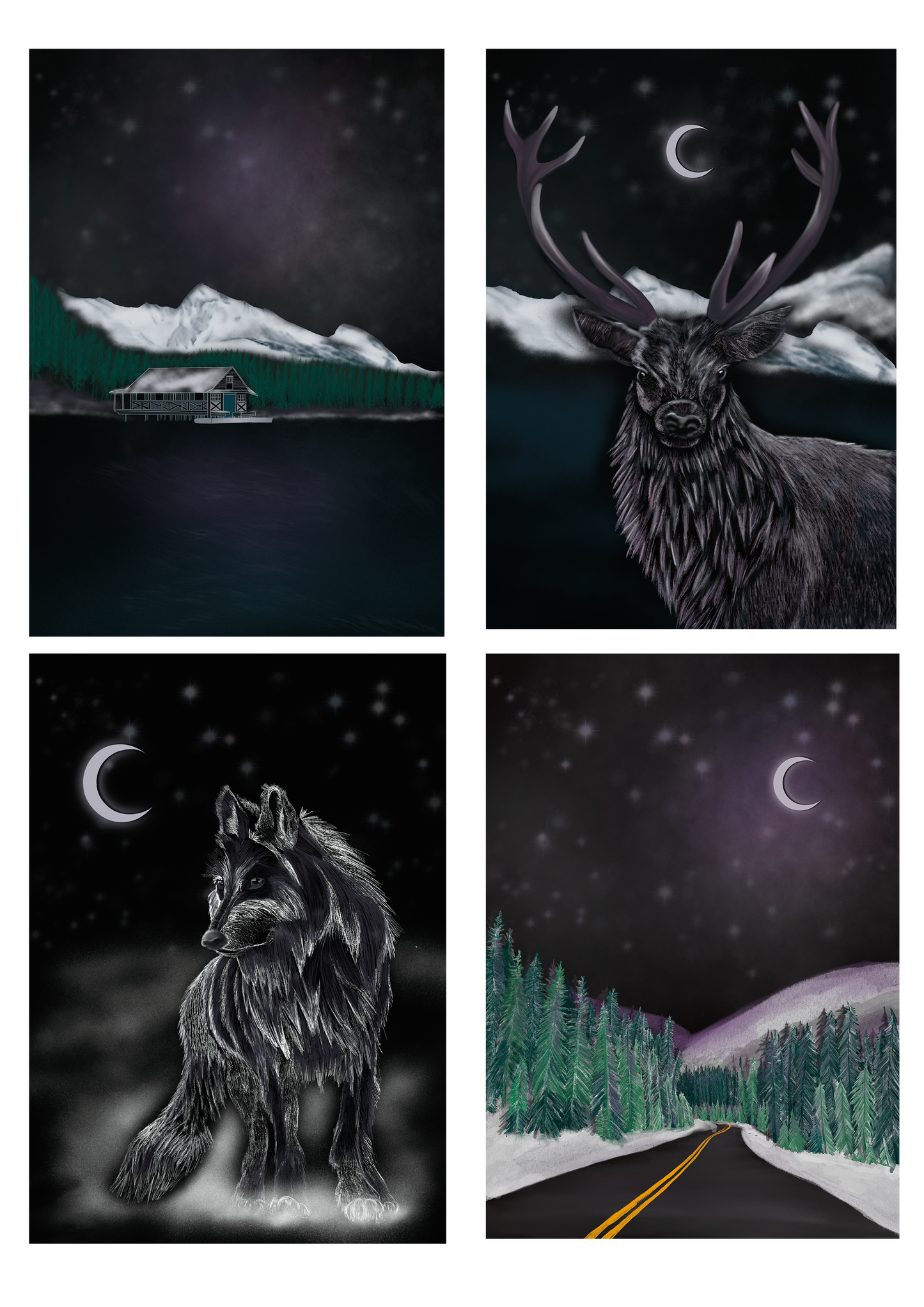 Set of 4 mountain christmas card design by wayward. Mountain wolf, mountain road, mountain lake, mountain deer