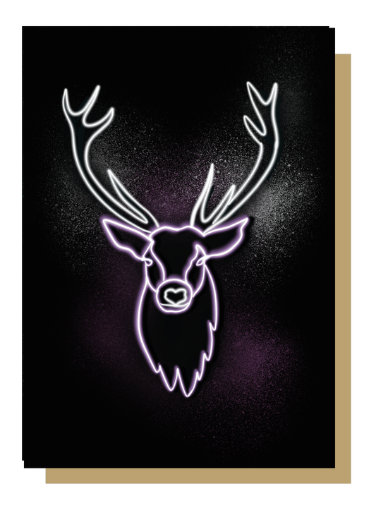 Purple neon stag on black background christmas card by wayward
