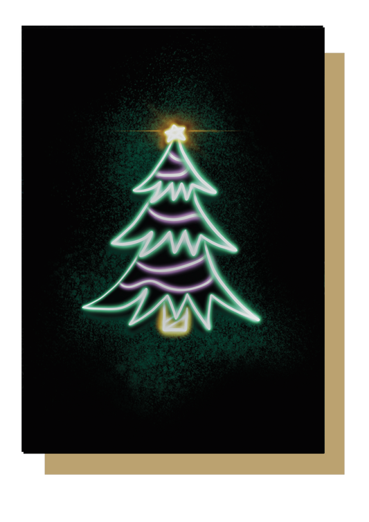 Christmas card by Wayward. Green neon tree on black background