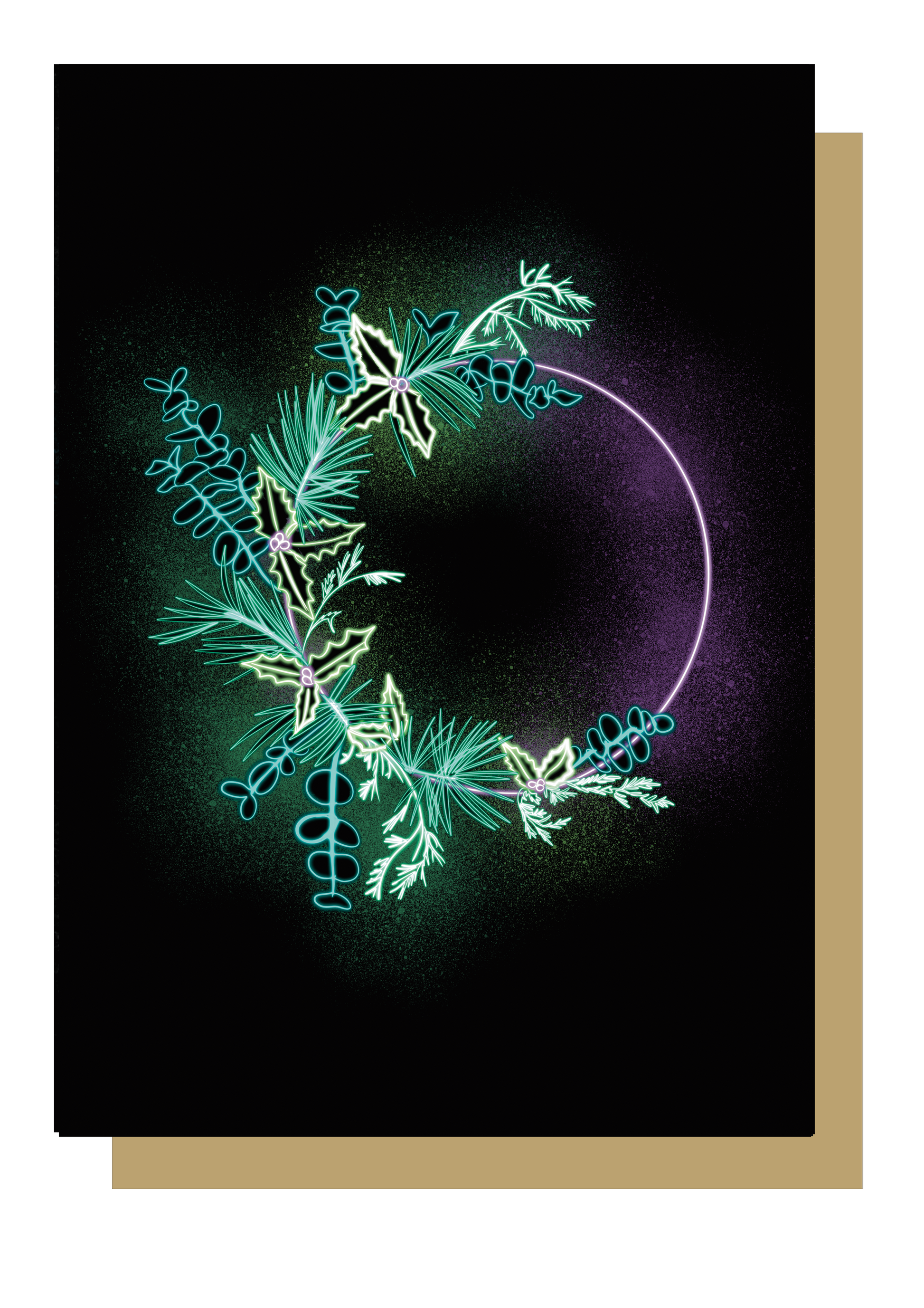 Christmas card by Wayward. Glowing green and purple neon wreath on black background