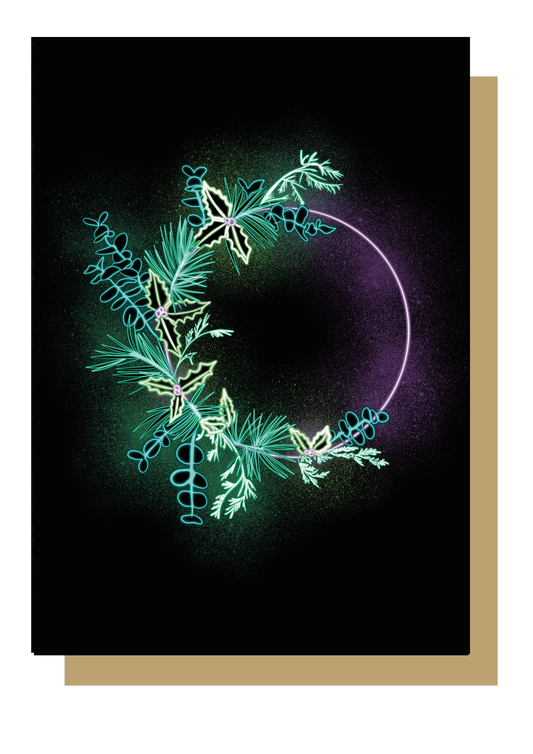 Christmas card by Wayward. Glowing green and purple neon wreath on black background