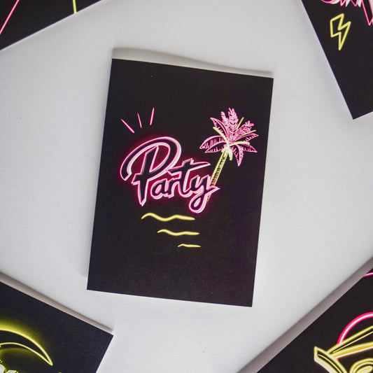 Black greetings card with party written in pink neon with a palm tree by wayward