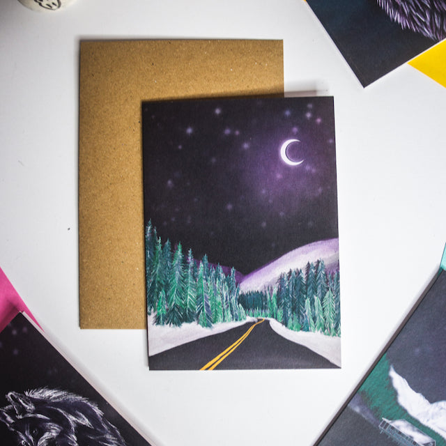 Mountain road at night christmas card by wayward