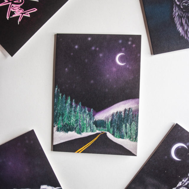 Mountain road at night christmas card by wayward