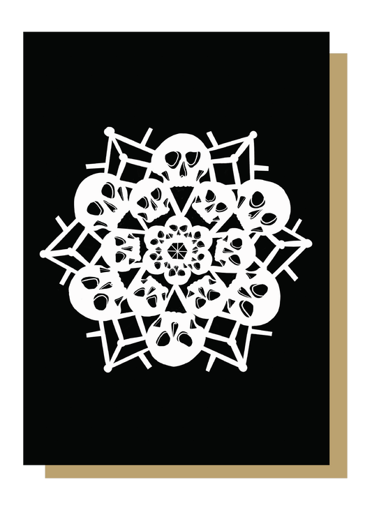 White snowflake made of skulls on black background, christmas card by wayward