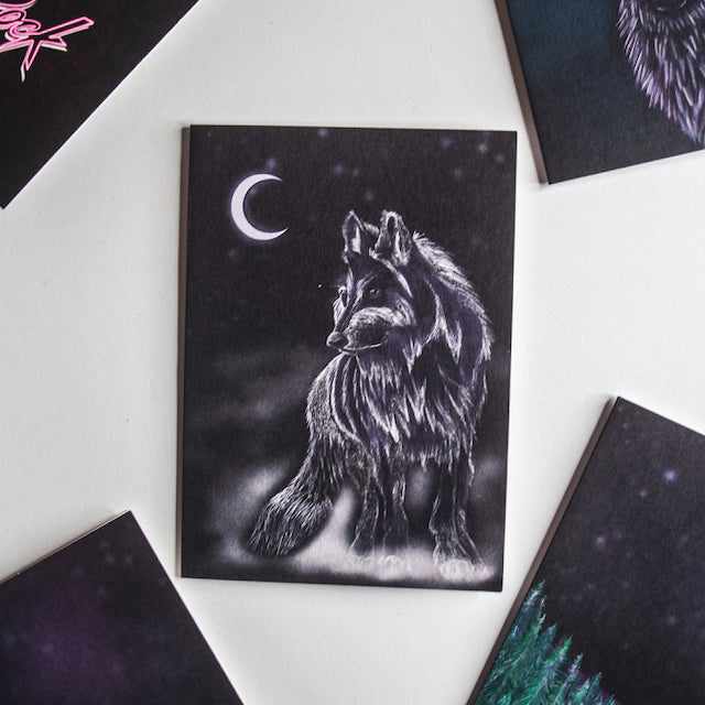 Wolf and moon greetings card by wayward