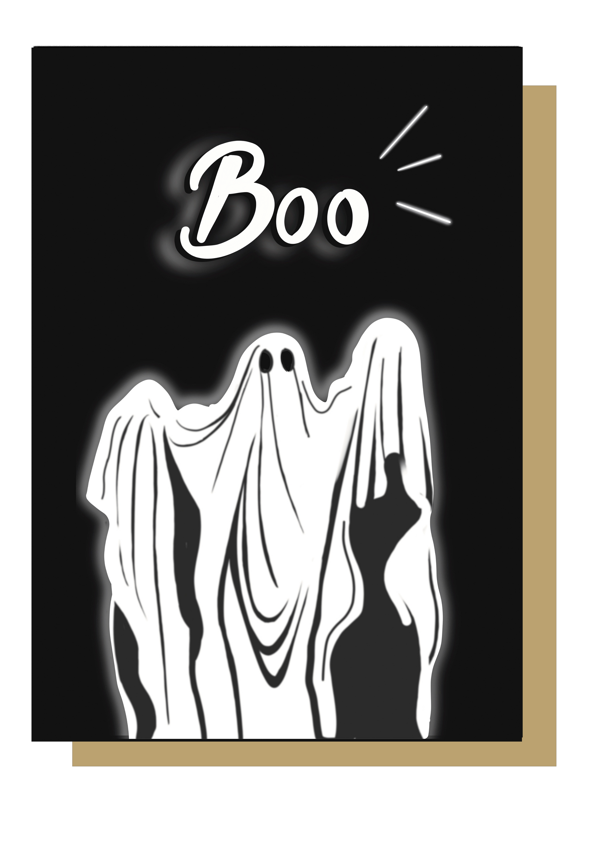 Boo Ghost Illustrated Black Greetings Card by Wayward