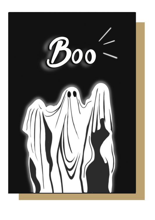 Boo Ghost Illustrated Black Greetings Card by Wayward