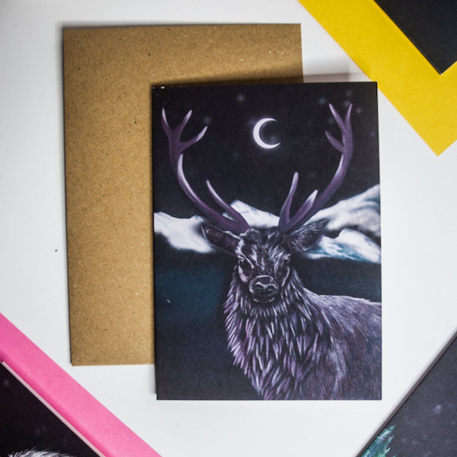 Purple mountain deer christmas card by wayward