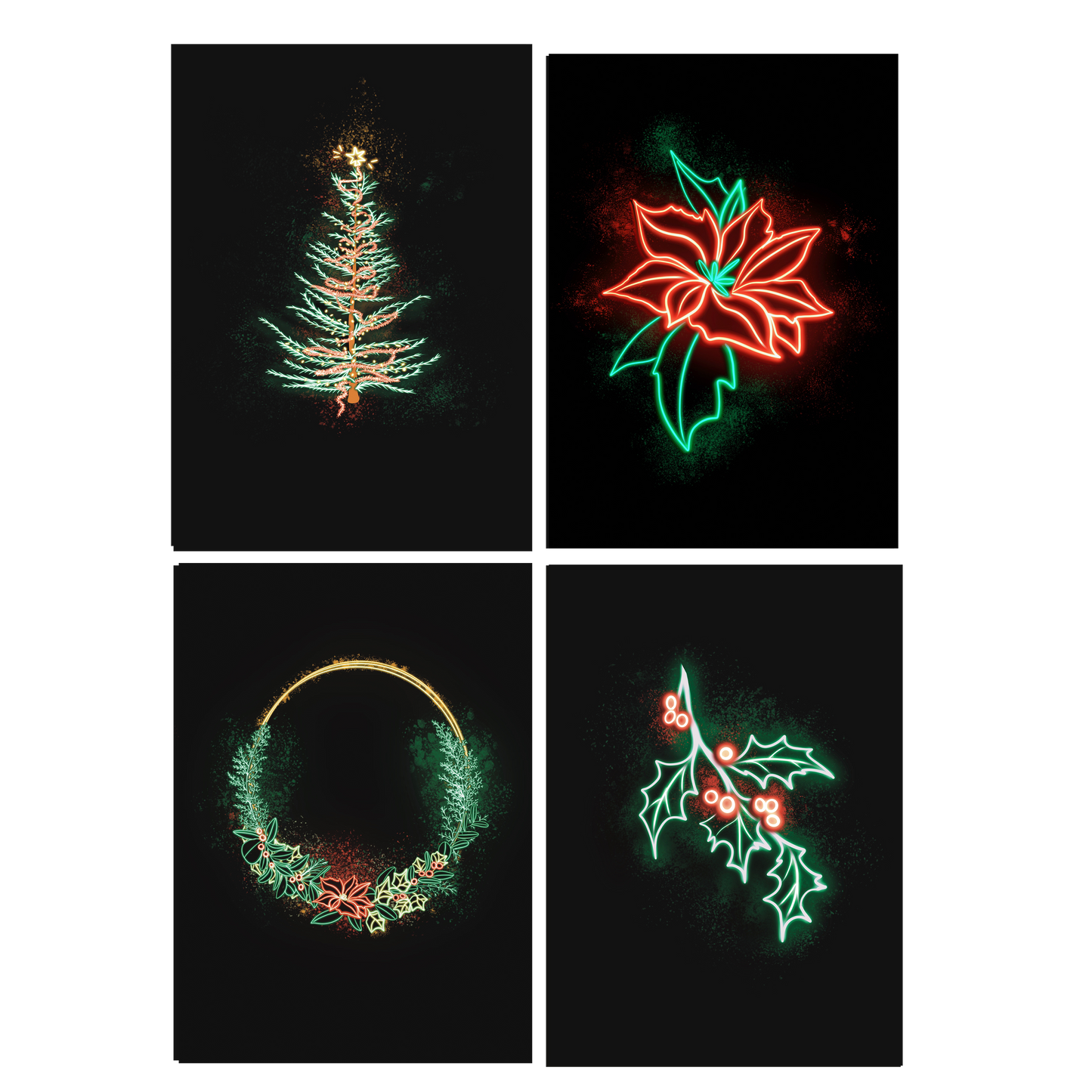 Set of 12 Neon Christmas Botanical Cards