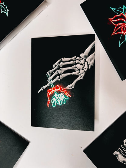 Skeleton With Neon Mistletoe Gothic Christmas Card