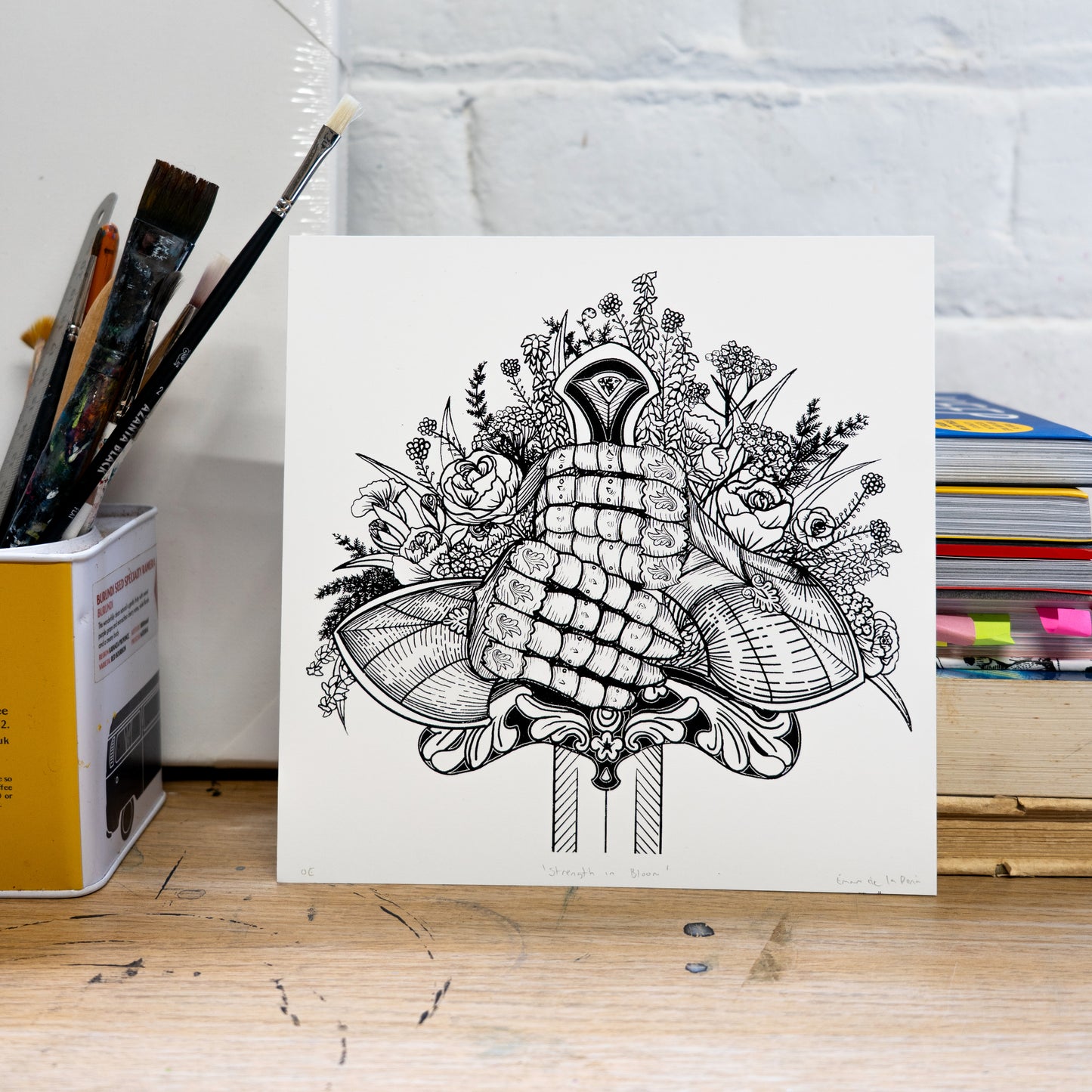 Strength in Bloom, Knight and Flowers 20x20cm Screenprint