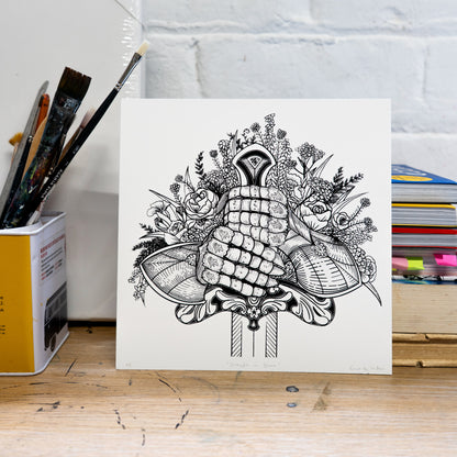 Strength in Bloom, Knight and Flowers 20x20cm Screenprint