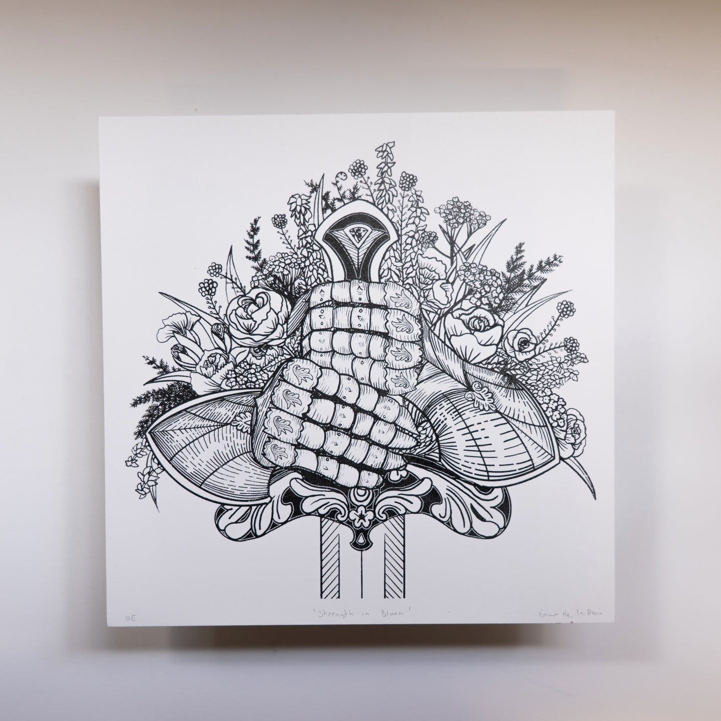 Strength in Bloom, Knight and Flowers 20x20cm Screenprint