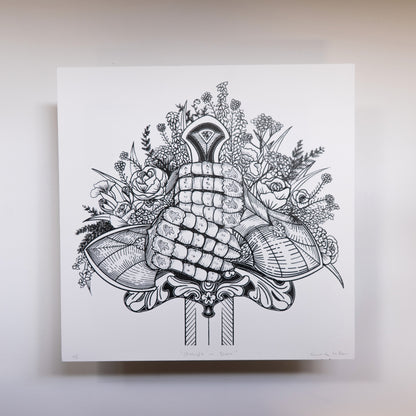 Strength in Bloom, Knight and Flowers 20x20cm Screenprint