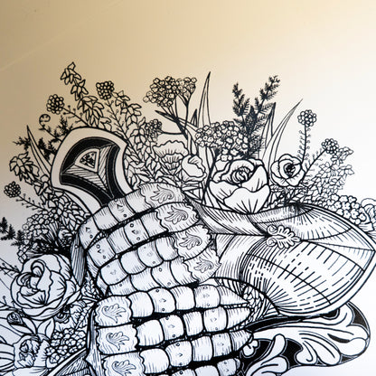 Strength in Bloom, Knight and Flowers 20x20cm Screenprint