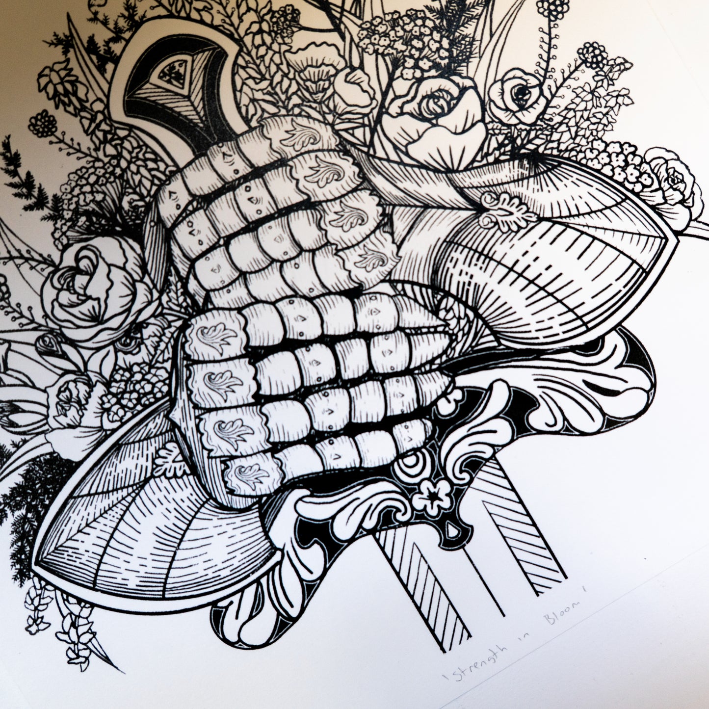 Strength in Bloom, Knight and Flowers 20x20cm Screenprint