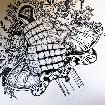Strength in Bloom, Knight and Flowers 20x20cm Screenprint