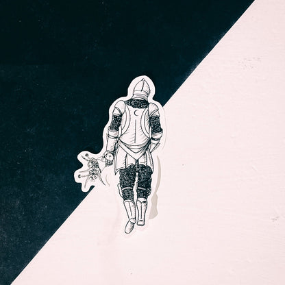 A sticker of a knight holding flowers 
