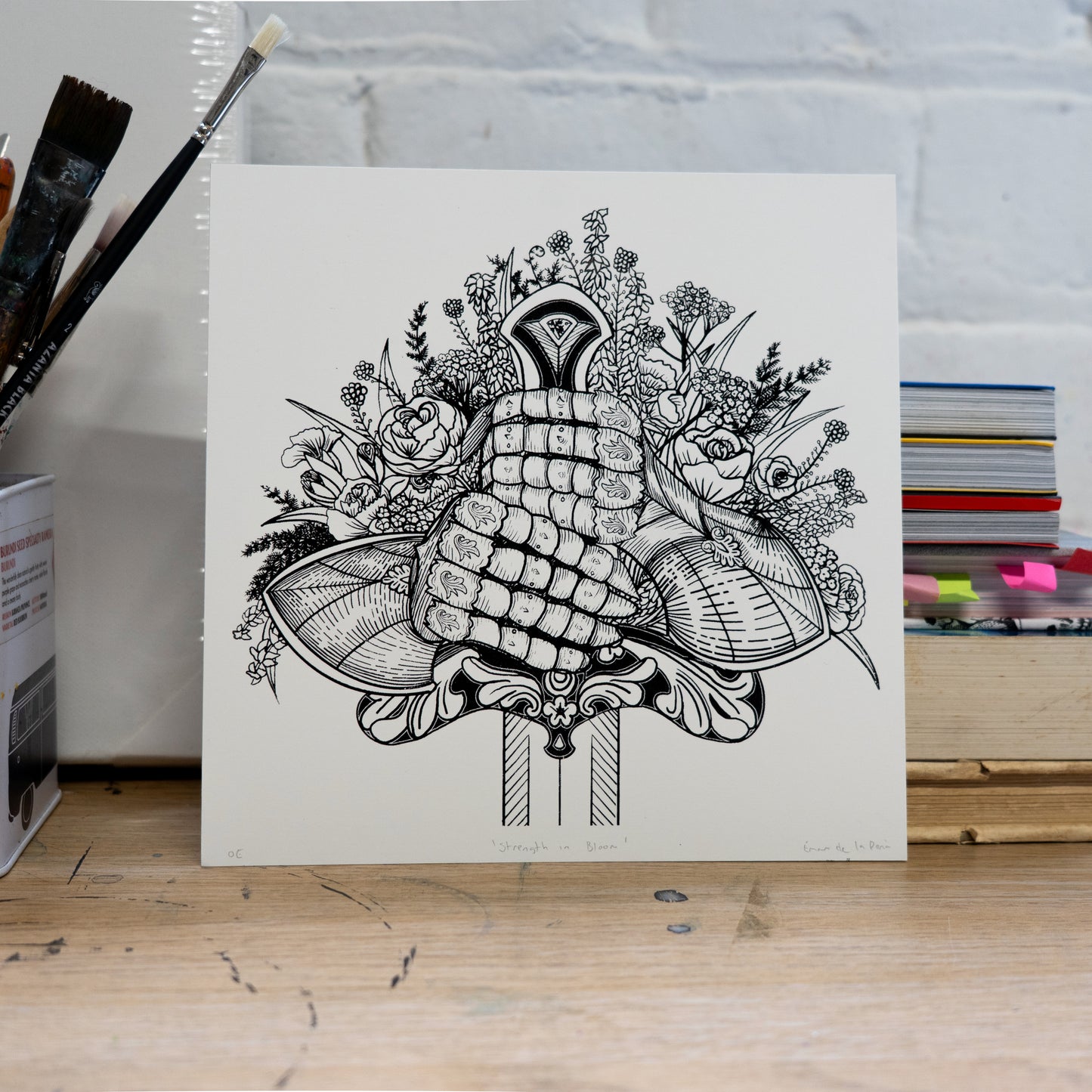 Strength in Bloom, Knight and Flowers 20x20cm Screenprint