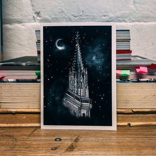 Postcard of spire of national portrait gallery in Edinburgh in night sky 