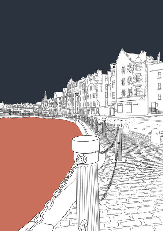 Leith Shore Edinburgh Postcard with orange and blue background