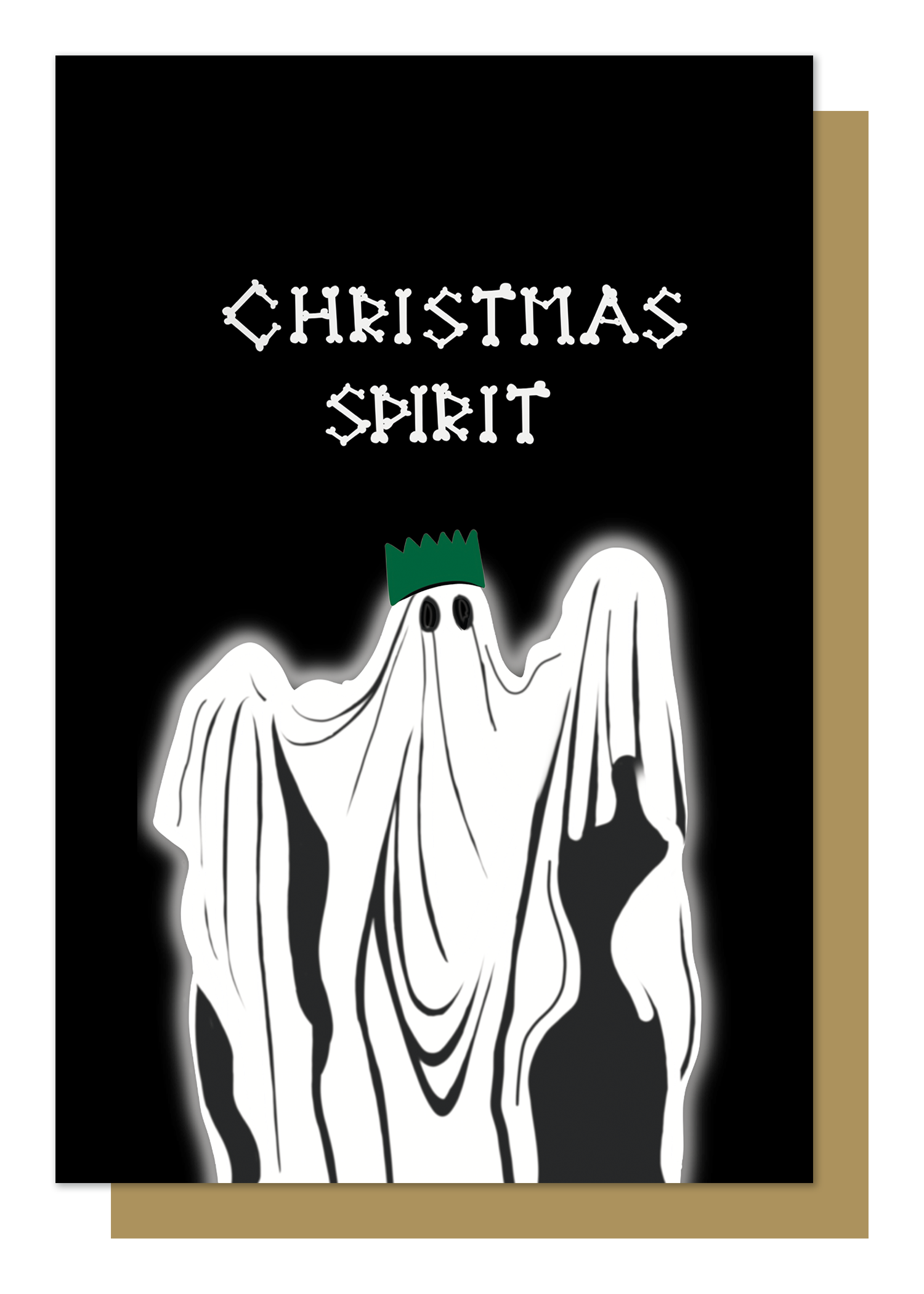 Wayward - black christmas card writing in bones with Christmas spirit, underneath illustration of ghost with a christmas hat 
