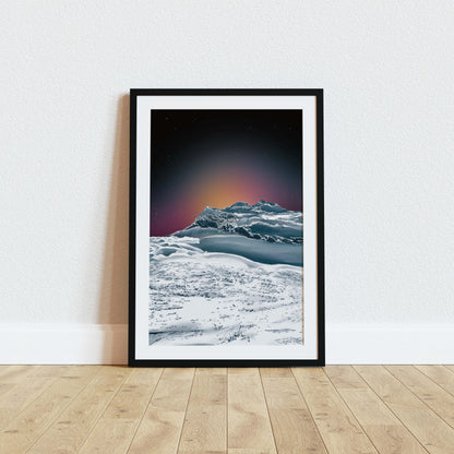 Wayward Art Print Sunset behind snowy mountain in Avoriaz, French Alps in black frame against a white wall 