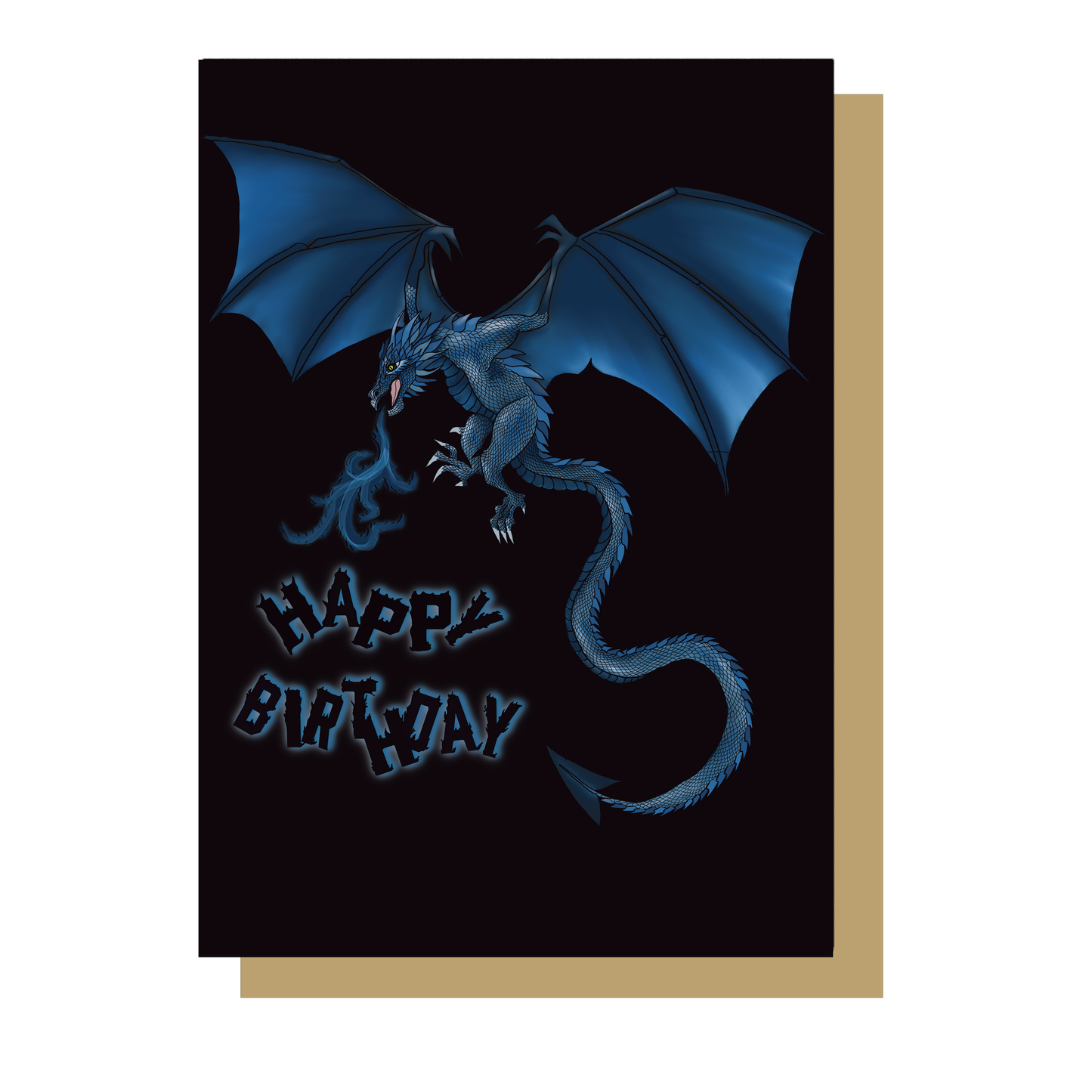 A Birthday Card Featuring A blue dragon on a black background by Wayward