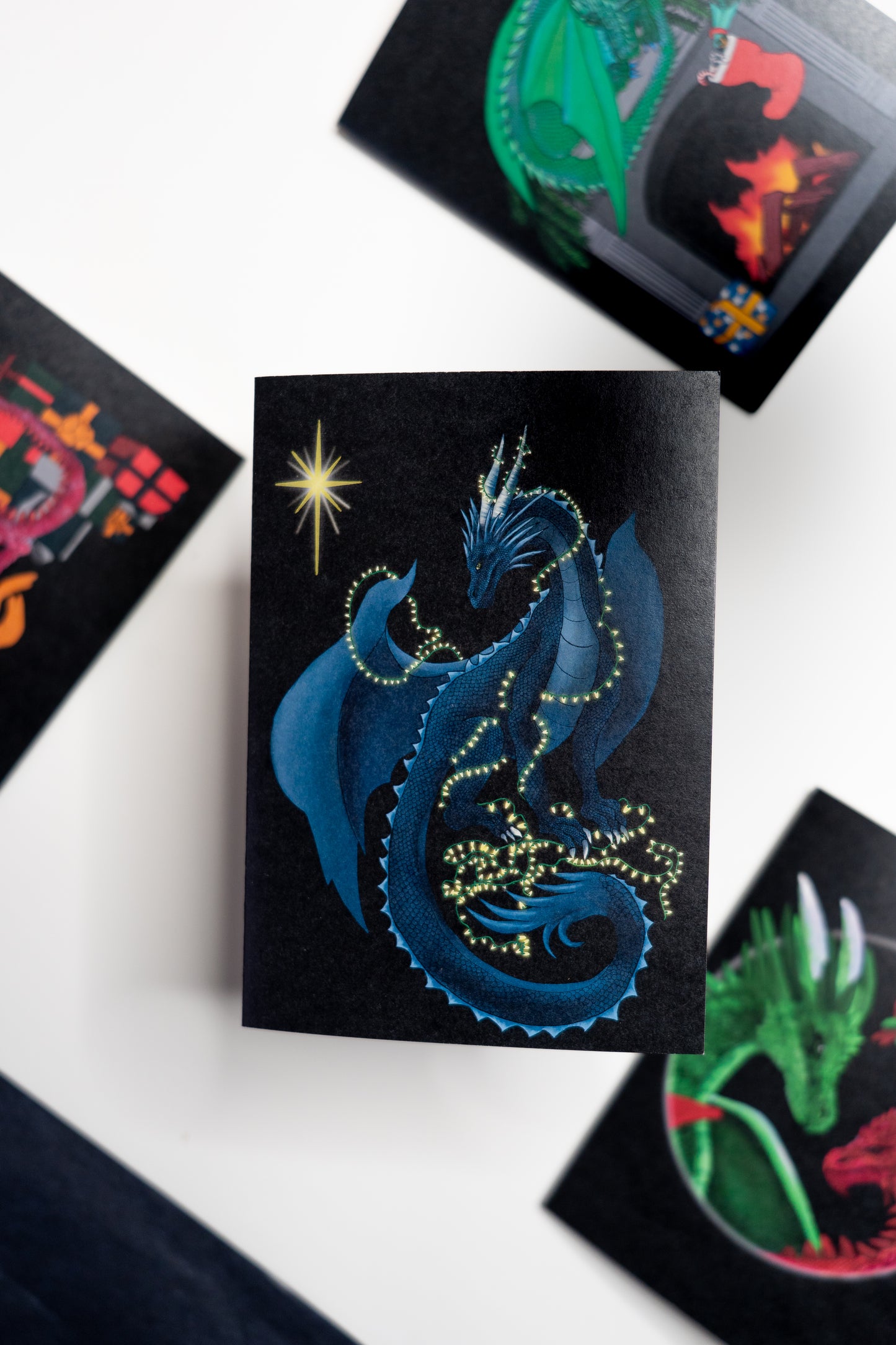 Dragon Wrapped in Fairy Lights Christmas Card