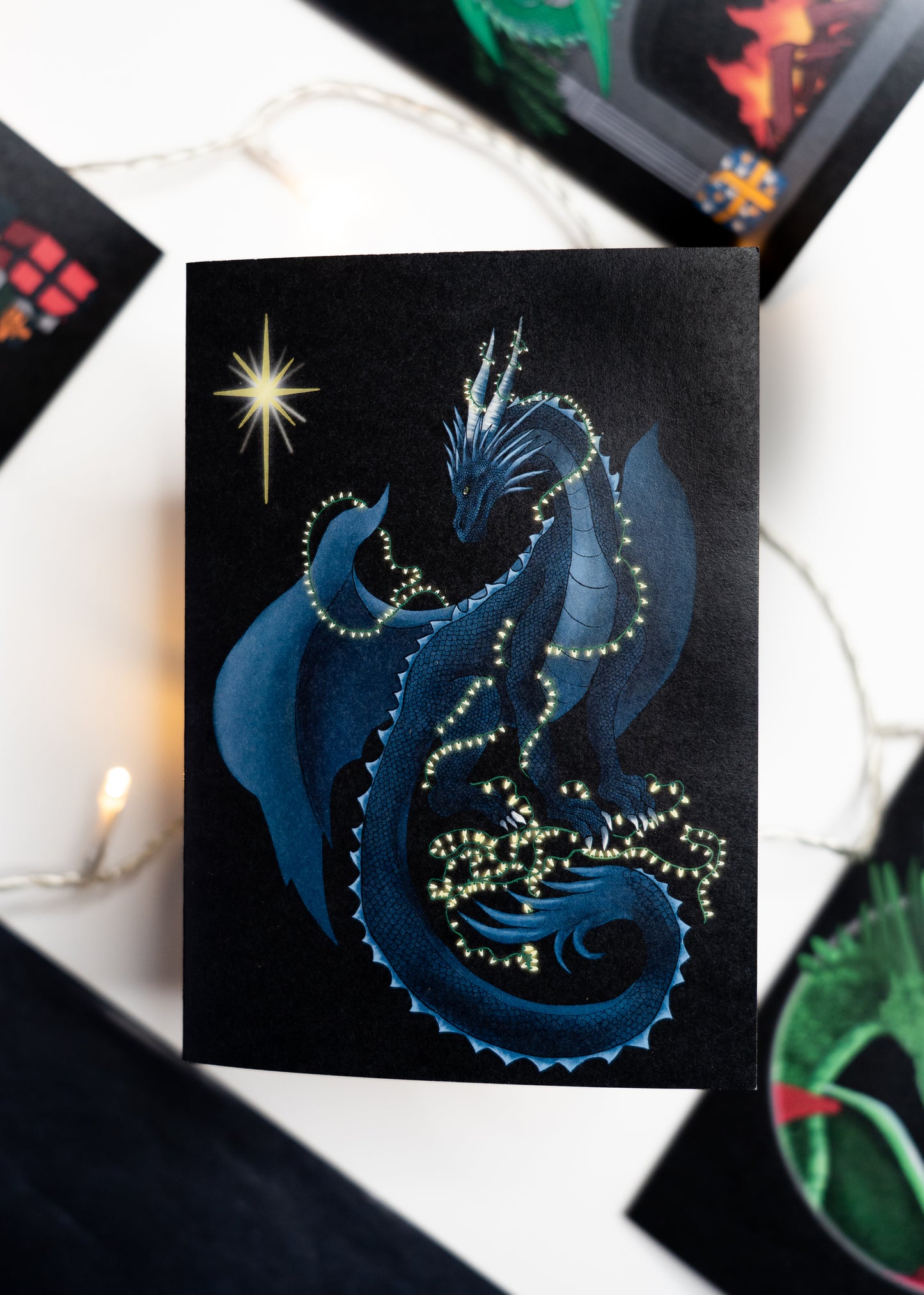 Dragon Wrapped in Fairy Lights Christmas Card