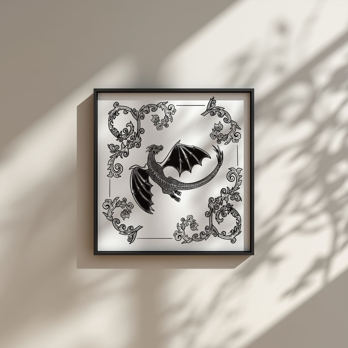 Decorative wall art with a black and white dragon design on a beige wall.