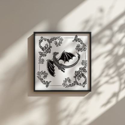 Decorative wall art with a black and white dragon design on a beige wall.