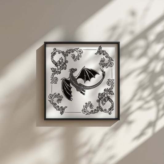 Decorative wall art with a black and white dragon design on a beige wall.