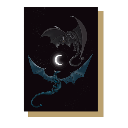 Two dragons flying round a crescent moon greetings card