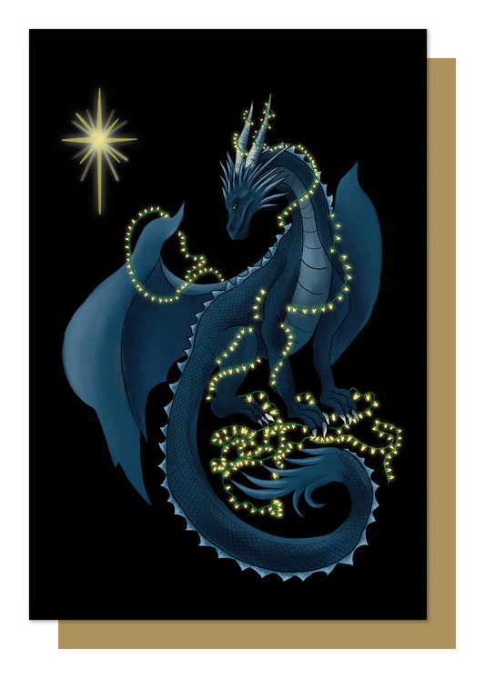 Dragon Wrapped in Fairy Lights Christmas Card