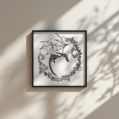 Framed artwork of a dragon surrounded by floral patterns on a beige wall.