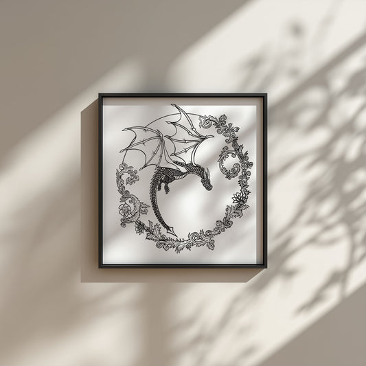 Framed artwork of a dragon surrounded by floral patterns on a beige wall.