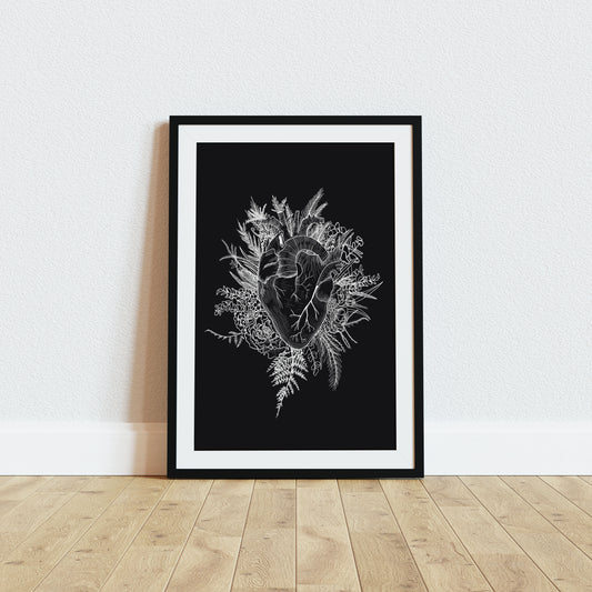 Still Becoming Anatomical Heart and Flowers A4 Screen Print Black