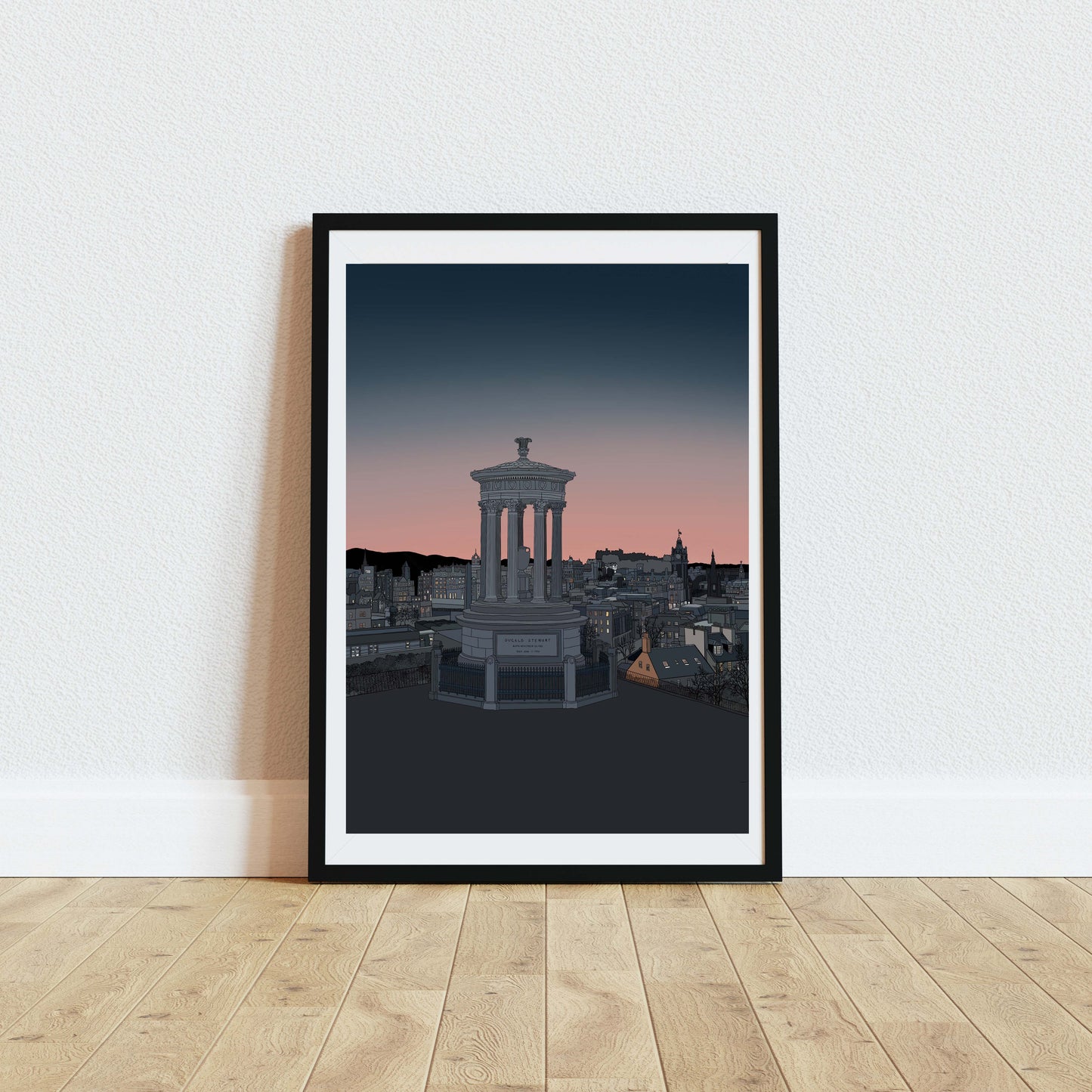 Wayward - Carlton Hill Sunset Edinburg Art Print in black frame against white wall 