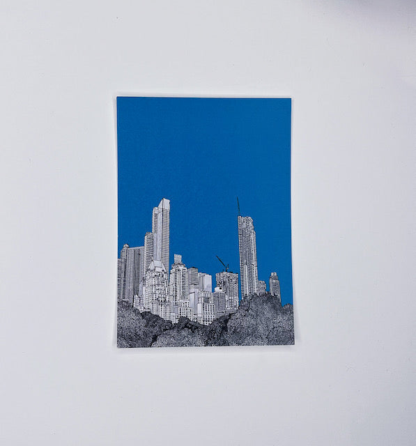 Wayward postcard - An architectural drawing of central park new york on blue background 