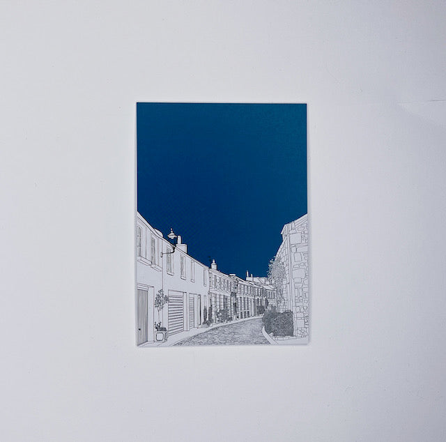 Wayward postcard of Circus Lane Edinburgh Scotland with blue background