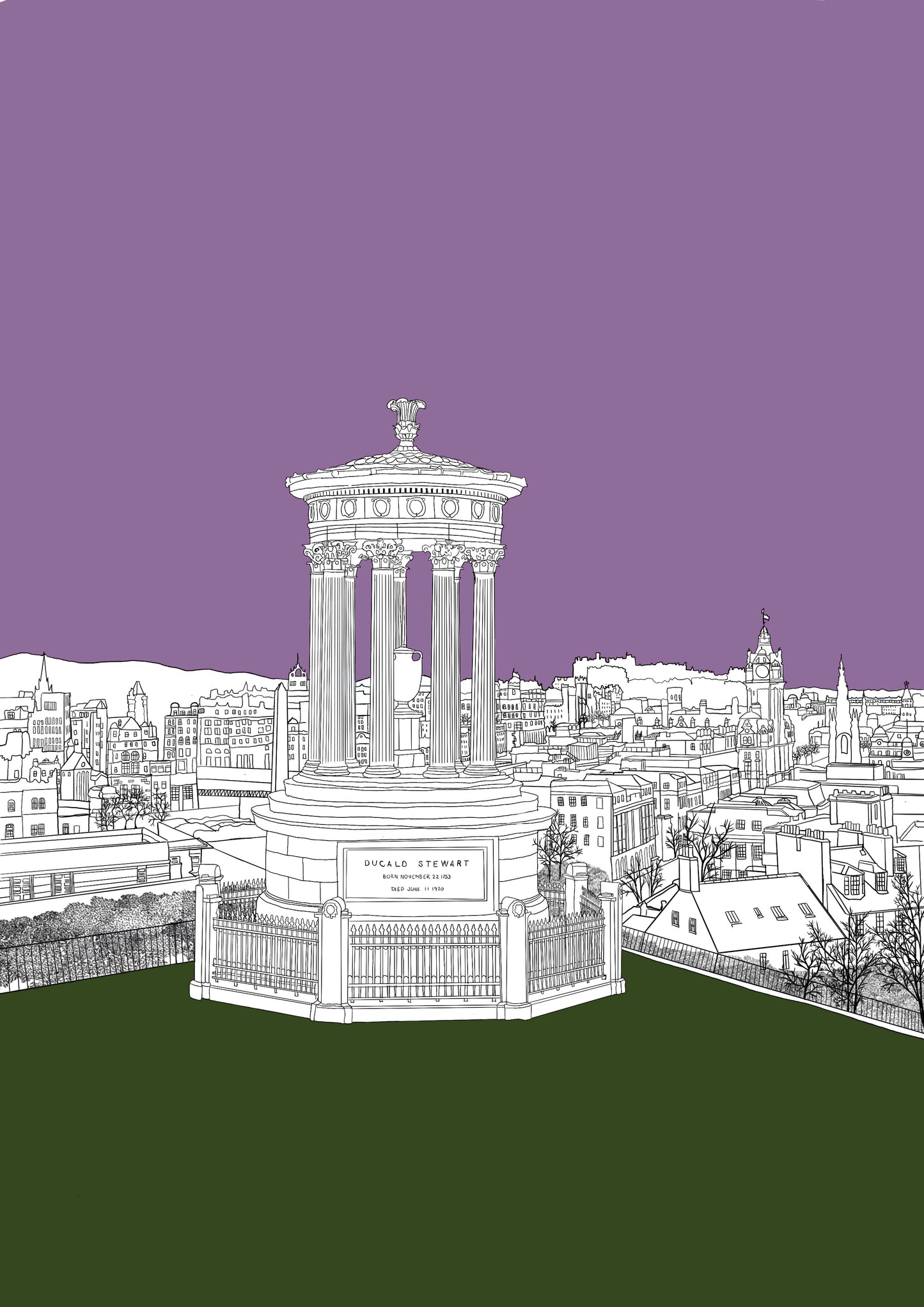 Wayward - Carlton Hill Edinburgh cityscape drawing with purple and green background  